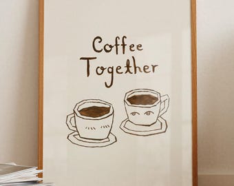 Couple Coffee Wall Art Print – Minimal Hand-Drawn Neutral Watercolor Illustration (Digital Download)