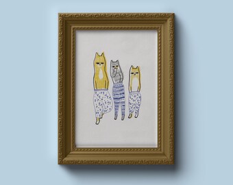Stampa di gatti divertenti - Illustrazione di gatti stravaganti in pantaloni (download digitale)