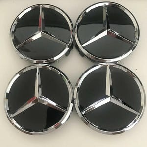 4x Mercedes Hub Caps 75mm Gloss Black Logo Emblem Rim Wheel Center Caps New