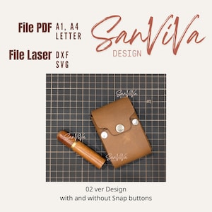 May include: A brown leather needle case with two silver snap buttons and a wooden needle holder. The image also includes the text "SanViva DESIGN" and "02 ver Design with and without Snap buttons."