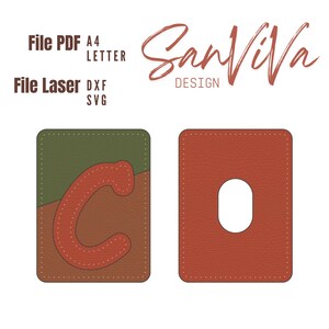 May include: Two leather cardholders, one with a stitched letter "C" in orange, brown, and green, and the other with a cutout. The text "File PDF A4 Letter" and "File Laser DXF SVG" are above the cardholders. The SanViVa Design logo is also present.