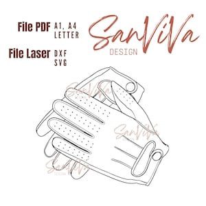 以下が含まれることがあります： 2つのドライビンググローブの白黒線画イラスト。手袋は、小さな穴とスナップ留めが付いたクラシックなデザインです。画像には「File PDF A1、A4 LETTER」と「File Laser DXF SVG」のテキストとSanViva Designのロゴが含まれています。
