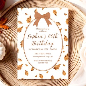 Plantilla de invitación de cumpleaños de otoño - Diseño de lazo de hojas de otoño editable - Descarga instantánea e imprimible