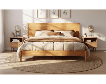 King Size Bed Frame Wood Platform Bed Scandinavian Bed Frame with Headboard Solid Hevea Wood Slat Support No Box Spring