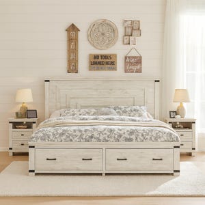 Reclaimed Wood King Bed Frame with Storage, Rustic Farmhouse Headboard