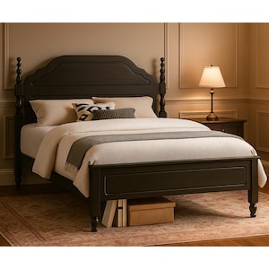 May include: A dark-stained wooden bed frame with a curved headboard and turned posts. The bed is made up with white bedding, pillows, and a gray throw blanket. A small nightstand with a lamp sits beside the bed, and a patterned rug is on the floor.