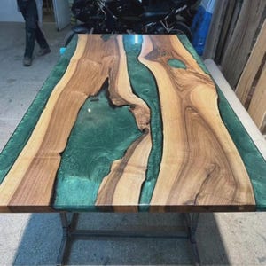 Green Epoxy Resin River Tabletop: Live Edge Walnut Wood