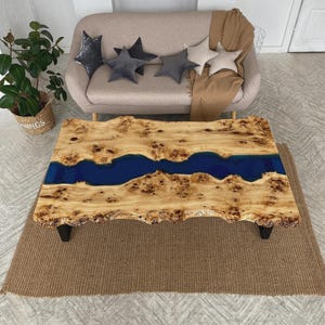 Custom Live Edge Desk with Blue Epoxy River, Slab Wood Side Table, Wooden Coffee Table, Rustic Style, Living Room Accent Table, End Table