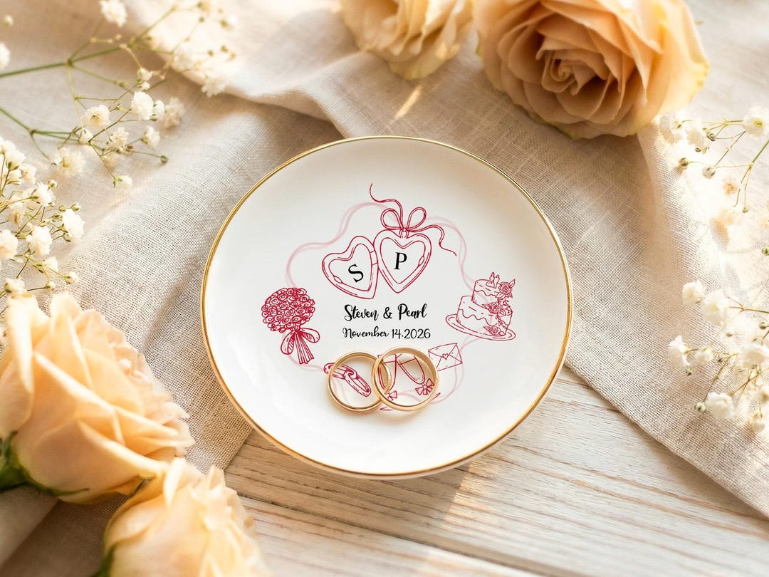 Personalized Ceramic Ring Dish, Custom Initials & Date, Hand-drawn ...