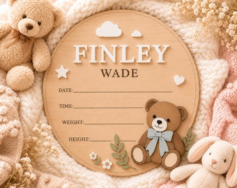 Personalized Newborn Name Sign, Birth Announcement Name Sign, Custom Baby Arrival Sign, Teddy Bear Baby Sign, Hospital Baby Name Plaque