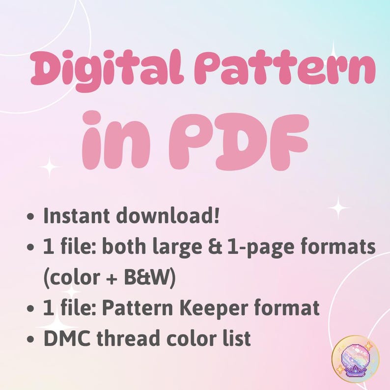 K&ouml;nnte beinhalten: Ein digitales Muster im PDF-Format mit einem weichen rosa und pastellfarbenen Hintergrund. Der Text enth&auml;lt "Digital Pattern in PDF" und Aufz&auml;hlungspunkte mit Details zum Sofort-Download, Dateiformaten und einer DMC-Garnfarbenliste.