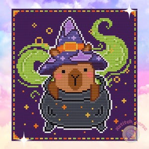 Halloween Capybara Cross Stitch Pattern – Cute Spooky Embroidery Designs – Witch Capybara. Easy Halloween Cute PDF Chart