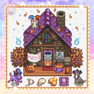 May include: Cross-stitch design of a whimsical witch's hat shop with a purple roof and brick facade. The shop features a sign that reads "HATS", a jack-o'-lantern, and various decorative elements. A purple dog and a purple cat are on either side of the shop.