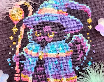Halloween Wizard Cat Cross Stitch Pattern – Witchy Kitten Embroidery (PDF)
