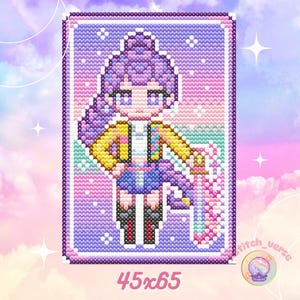 May include: Cross-stitch art featuring a character with purple hair, a yellow jacket, and a blue skirt, holding a sword. The artwork is framed and measures 45 x 65. The background is a gradient of pink, purple, and blue.