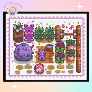 May include: A cross-stitch design featuring a garden scene with various plants, a cat, and a fence. The color palette includes shades of purple, green, brown, and pink. The text "xstitch_verse" is in the upper left corner.