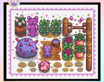 May include: A cross-stitch design featuring a garden scene with various plants, a cat, and a fence. The color palette includes shades of purple, green, brown, and pink. The text "xstitch_verse" is in the upper left corner.