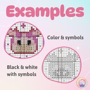 K&ouml;nnte beinhalten: Ein Bild mit dem Wort "Examples" in rosa Buchstaben. Gezeigt werden zwei Kreuzstichmuster, eines in Farbe und eines in Schwarzwei&szlig; mit Symbolen. Der Text "Color & symbols" und "Black & white with symbols" sind ebenfalls vorhanden.