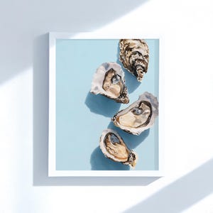 Pastel Oyster Painting | Coastal Kitchen Wall Art | Soft Blue Food Poster | Seafood Printable