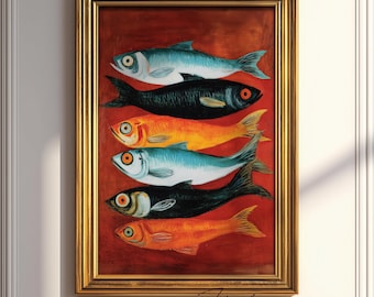 Midcentury Modern Wall Art: Sardines Folk Art Printable Poster (Digital Download)