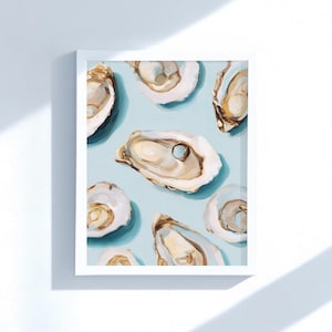 Pastel Oyster Print: Coastal Kitchen Shell Art, Blue Background (Digital Download)