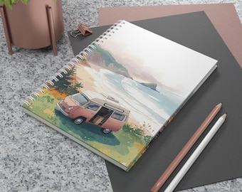 Vintage Camper Beach Scene Spiral Notebook