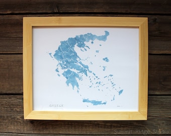 Greece Map Print Mediterranean Blue watercolor country map