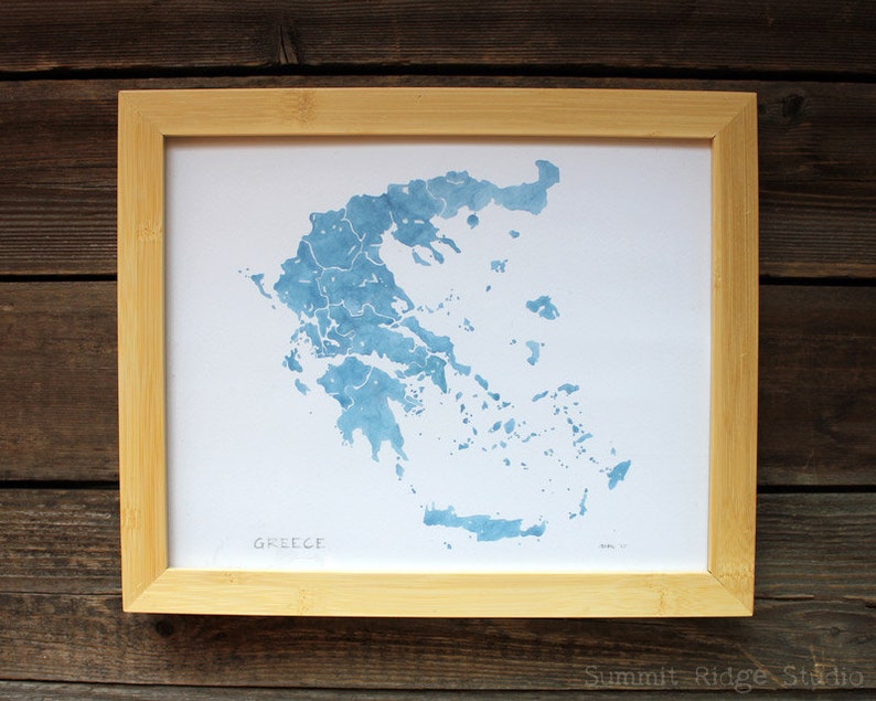 Greece Map Print Mediterranean Blue watercolor country map image 1