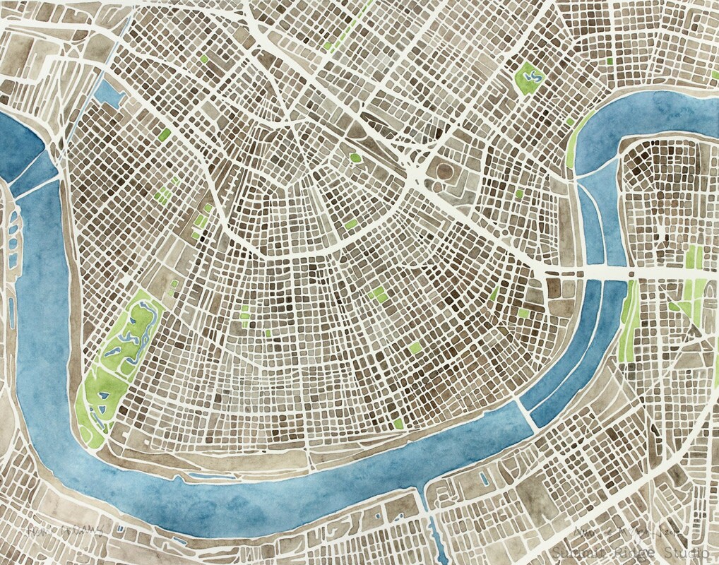11x14 New Orleans City Map Large Print Sepia Green Blue | Etsy