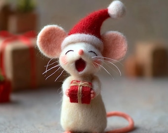 Decorações de Natal em feltro de lã 3D feitas à mão: adoráveis enfeites de feltro com ratos usando chapéus de Papai Noel personalizados