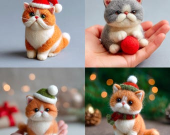 Boné de Natal de feltro de lã feito à mão, brinquedo macio em forma de gato, enfeite decorativo de Natal para pendurar, adorável decoração