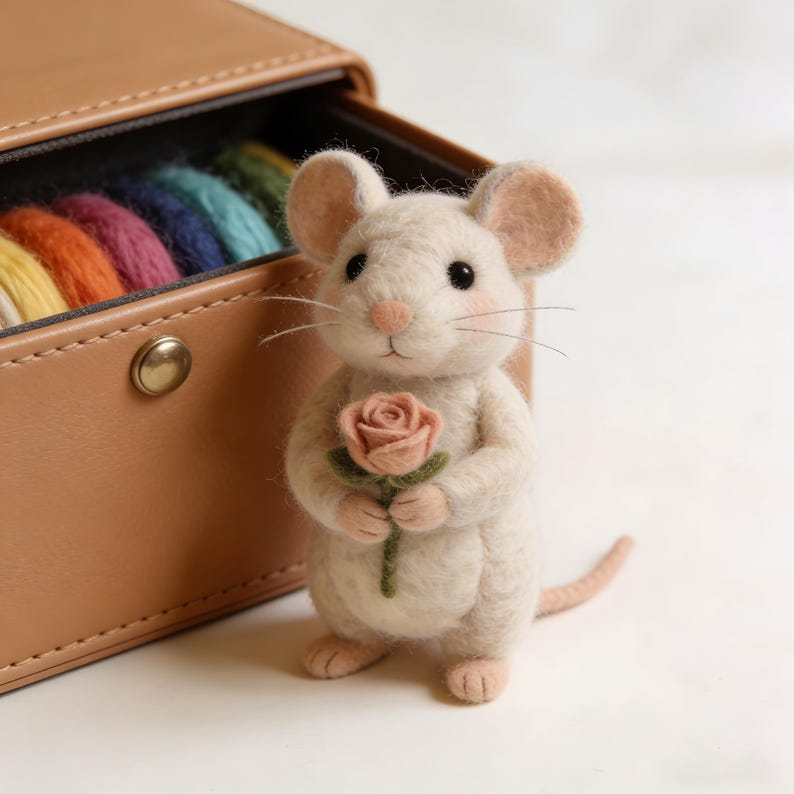 Puede incluir: Un rat&oacute;n de fieltro blanco roto hecho a mano que sostiene una rosa de fieltro rosa. El rat&oacute;n tiene orejas rosas, una nariz rosa y ojos negros. Una caja de cuero marr&oacute;n con hilo colorido est&aacute; en el fondo. El rat&oacute;n es una creaci&oacute;n encantadora y caprichosa.