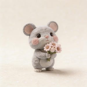 Puede incluir: Una figura artesanal de ratón gris con ojos grandes y oscuros y mejillas rosadas, sosteniendo un pequeño ramo de flores rosas. El ratón tiene orejas grandes y redondeadas con el interior rosa. La figura está hecha de material suave y texturizado.