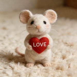 Puede incluir: Una figura de ratón blanco hecha a mano que sostiene un corazón rojo con la palabra "LOVE" en blanco. El ratón tiene orejas grandes y redondas, ojos negros y bigotes. La figura está hecha de material suave y texturizado.