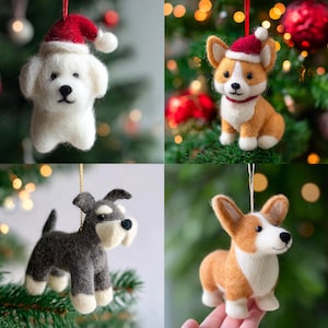 May include: Four handcrafted dog ornaments. A white dog with a Santa hat, a corgi with a Santa hat and red collar, a gray schnauzer, and a corgi. Each ornament is made of felt and designed for Christmas tree decoration.