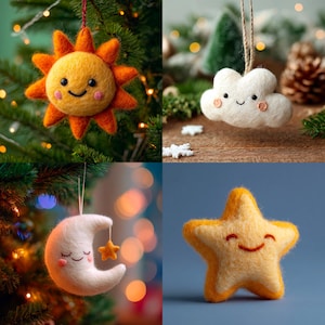 May include: A collection of handmade felt Christmas ornaments. The ornaments include a smiling sun, a cloud, a crescent moon with a star, and a star. Each ornament has a smiling face and is suspended by a string.