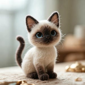 May include: A needle-felted Siamese kitten figurine with cream-coloured fur, dark brown ears, paws, and tail. The cat has large, bright blue eyes, a small dark nose, and long white whiskers. The texture of the wool is visible throughout the body.