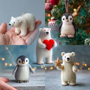 Peut inclure: Ensemble d'ornements en feutre faits à la main représentant des ours polaires et des pingouins. Les ours polaires sont blancs, certains tenant un cœur rouge ou une étoile dorée. Un pingouin est suspendu à un arbre. Parfait pour les fêtes.