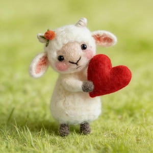 Puede incluir: Figura artesanal de cordero de fieltro blanco con un corazón rojo. El cordero tiene mejillas rosadas, una pequeña flor naranja y pezuñas grises. Se encuentra sobre hierba verde, creando una escena encantadora y caprichosa.