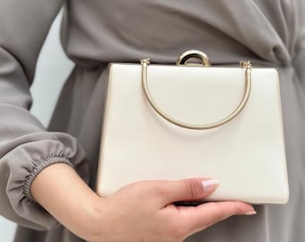 Bolso de mano de satén color marfil para bodas – Bolso de noche nupcial con correa de cadena y asa superior
