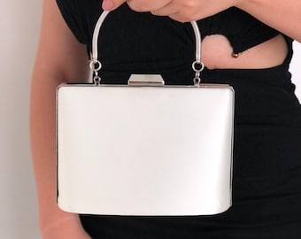 Bolso de mano nupcial de satén color marfil, bolso de boda con correa de cadena desmontable, bolso de noche con asa superior.