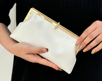 Pearl Ivory Satin Bridal Clutch – Wedding Purse & Evening Bag