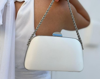 Ivory Satin Wedding Clutch, Evening Bag with Chain Strap