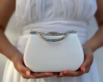 Bolso de mano nupcial de satén color marfil, bolso de noche para bodas con asa de pedrería, bolso cruzado convertible.
