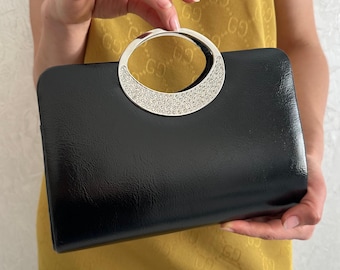 Black Leather Clutch Bag – Top Handle Evening Purse for Wedding, Party & Formal