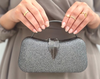 Bolso de mano de boda color gris plomo brillante – Bolso de noche de lujo con cadena