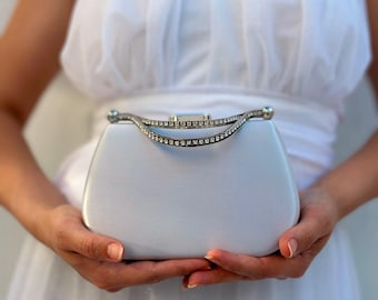 Bolso de mano de boda de satén plateado, bolso de noche con asa de diamantes de imitación, bolso cruzado convertible.