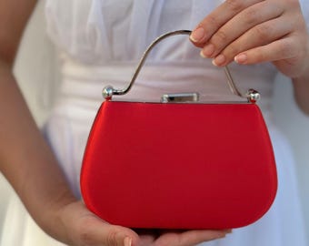 Red Satin Wedding Clutch, Rhinestone Handle Evening Bag, Convertible Crossbody Purse for Special Occasions