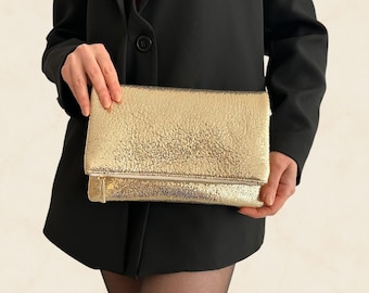 Gold Metallic Leather Clutch – Handmade Formal Purse for Special Occasions