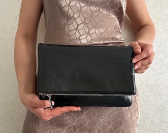 Black Leather Foldover Clutch – Handmade Evening Handbag for Formal Events